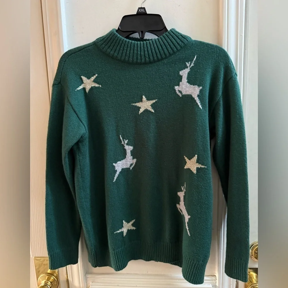 Talbots Petite Reindeer & Stars Mock Turtleneck Sweater